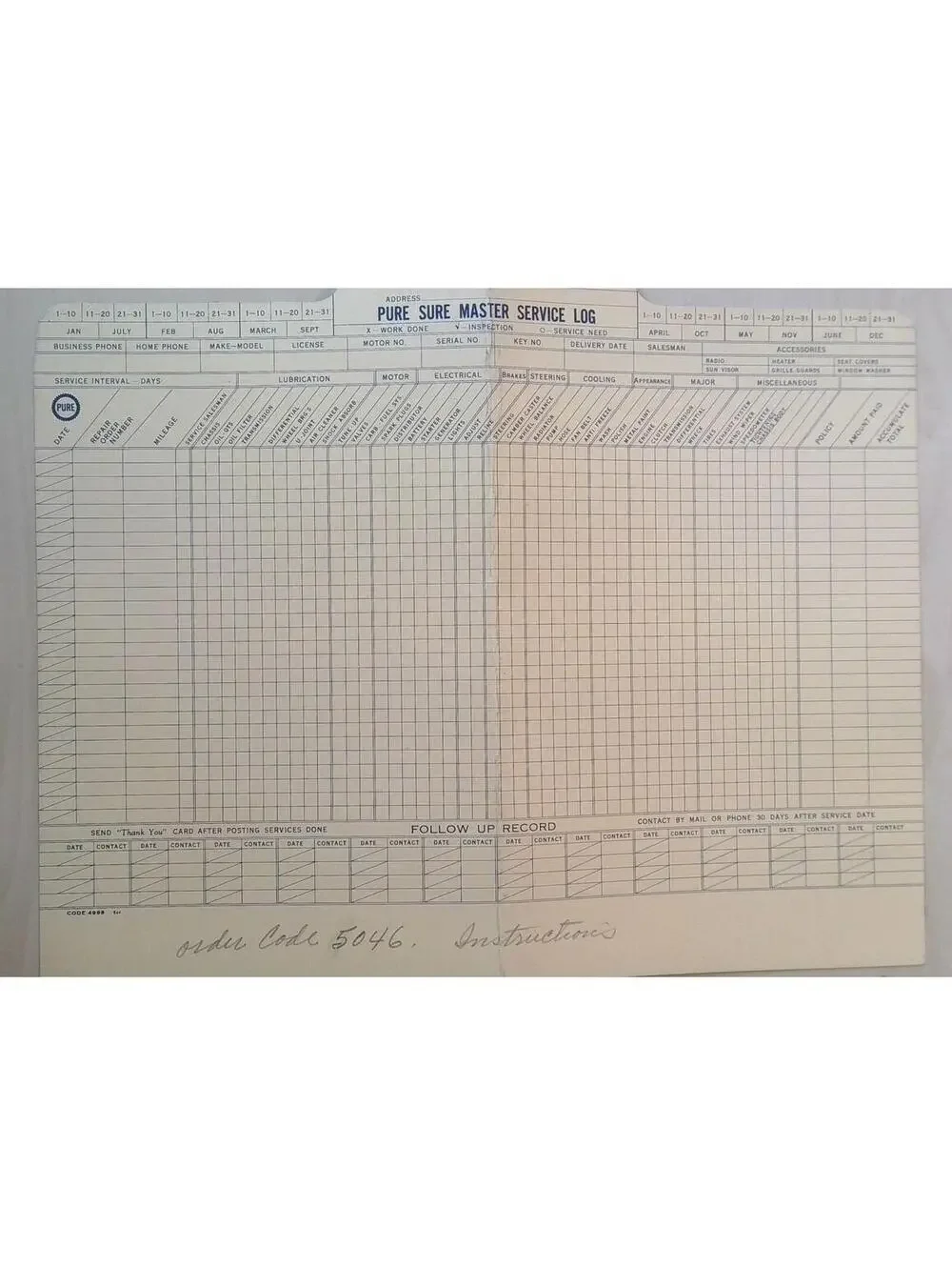 Vintage PURE Oil MASTER SERVICE LOG Automotive Ephemera 1940s 1950s Blank